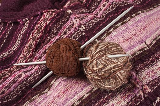 Balls with thread and needles for knitting