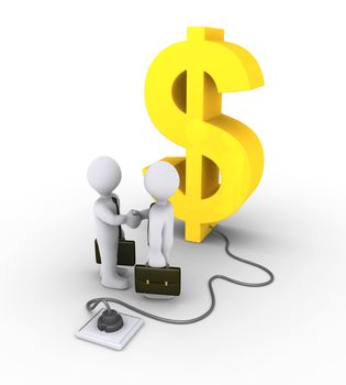 3d dollar symbol is plugged in and businessmen shake hands
