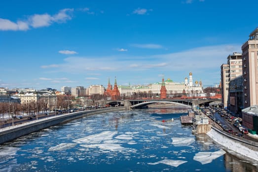 Kremlin and Berezhkovskaya Embankment in Moscow in sunny spring day