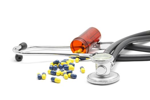 Medical Stethoscope and Capsule on white background for Healthy Concept