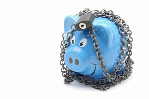 Piggy bank padlocked with chains and padlock on white background for Money Insurance Concept