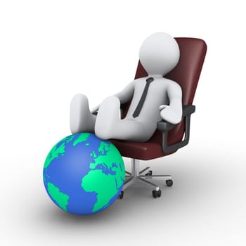 3d businessman is sitting on chair with his feet on the globe