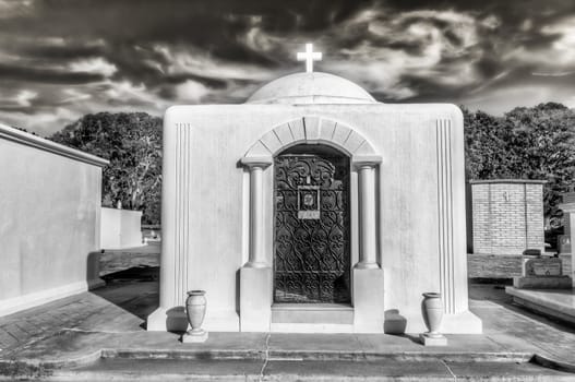 Outdoor Mausoleum Monument in Black and White.