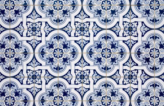 Blue pattern detail of Portuguese glazed ceramic tiles.