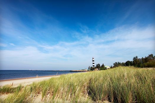 Black and white striped lighthouse in Riga, Latvia