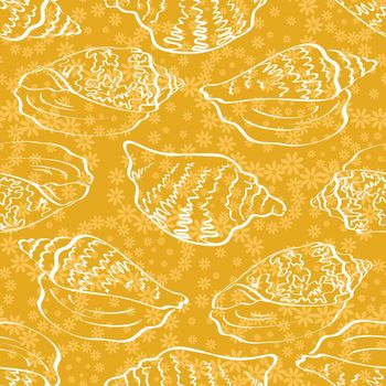 Seamless background, contour marine seashells and flowers.