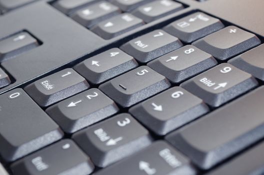 A numpad on a german black keyboard. Selective Focus.