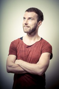 vintage portrait of fashion guy on gray background