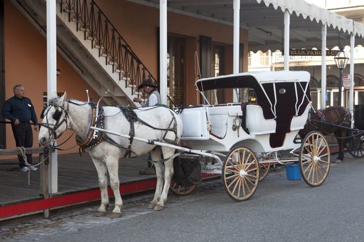 Old Sacramento horse drawn carriage for giving rides to tourists.