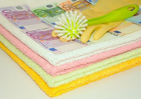 Brush And Glove Lying On Euro Bills, Money Laundering Scheme.
