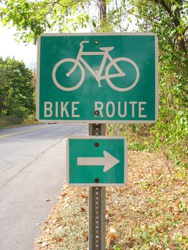 A green bike route sign on the side of the road