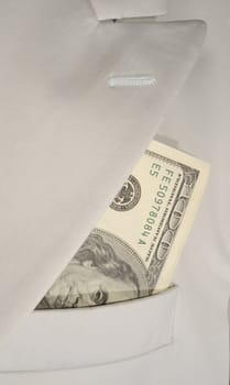 Business Suit Coat With Dollar Bills In Pocket.