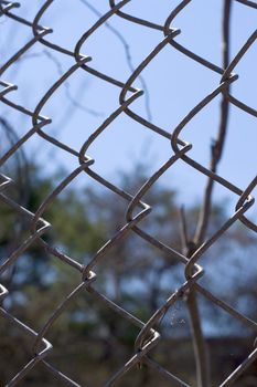 Closeup of a chain link fence near the woods, over a blue sky
