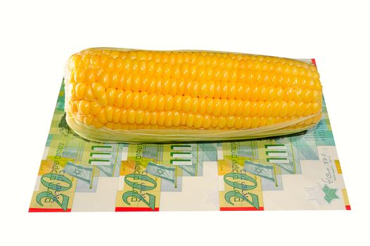 Corn On The Cob And Twenty Israel Shekel Bills. 