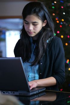 Teen girl working on laptop. Christmas tree in background. Part Scandinavian, Thai descent.