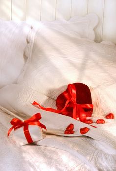 Gifts on a bed for Valintine's Day