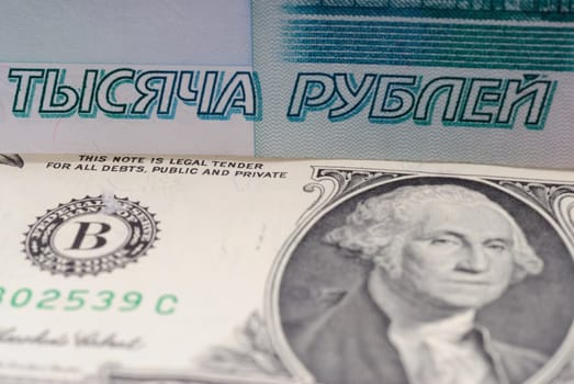 Banknote- Russian ruble and the U.S. dollar