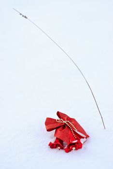 The bright tone. Festive decoration of red lies in the snow