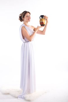 Lady in white antique dress handing jug on white background
