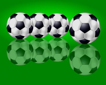 4 soccer balls on green background