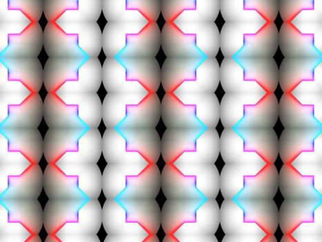 An abstract illustrated pattern with the style of Islamic tile for inspiration done in neon colors and a contemporary twist.