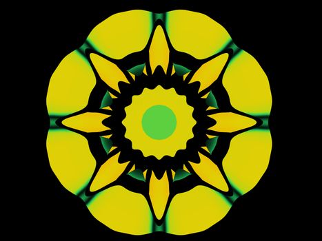 A circular abstract illustration done in yellow and green on a black background. The inspiration for the style is the Art Decco style of the 1920s and 1930s.