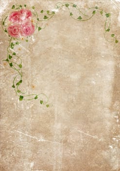 Grungy backdrop of old paper texture with floral ornaments