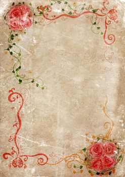 Grungy backdrop of old paper texture with floral ornaments
