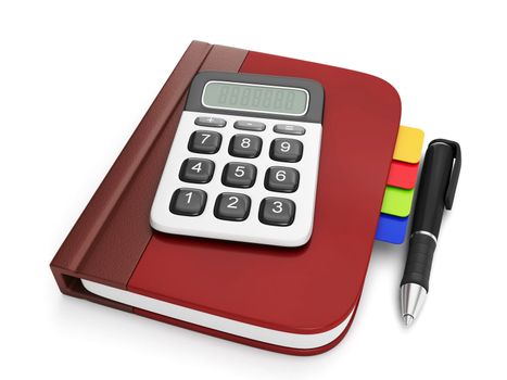 Graphic representation of a notepad and calculator. Notebook with calculator lying on a white plane, isolated image