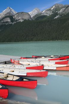 Canoes on Lake Louise located in Banff National Park