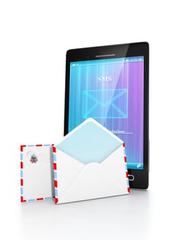Sending messages via mobile phone. Group emails are near the mobile phone on a white background