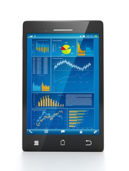 Mobile technology for business. Mobile phone close-up with business statistics