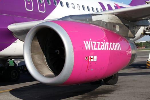 ROME - MAY 9: Wizzair Airbus A320 aircraft engine (model IAE V2500) on May 9, 2009 at Rome Ciampino Airport. International Aero Engines group in one of the largest aircraft engines manufacturers in the world.