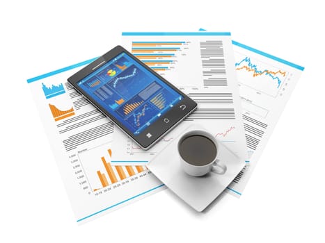 Business Statistics on your mobile phone. Mobile phone and business pages with a cup of coffee