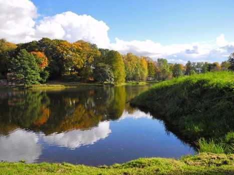 Sight of Māras Pond in autumn. The Māras Pond is located in Riga, the capital of Latvia