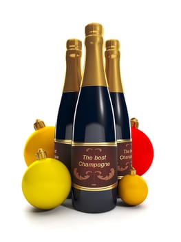 3d Illustration: A group of three bottles of champagne.