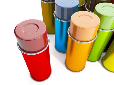 Group of cans of spray paint. Cans of paint of different colors on a white background