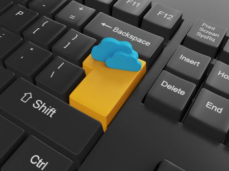 3d illustration of computer technologies. keyboard and the button with clouds, download online