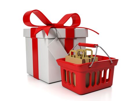 3d illustration: Sale and purchase. Gift with purchase real, shopping basket