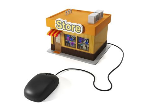 3d illustration of internet shop. Computer mouse and shop