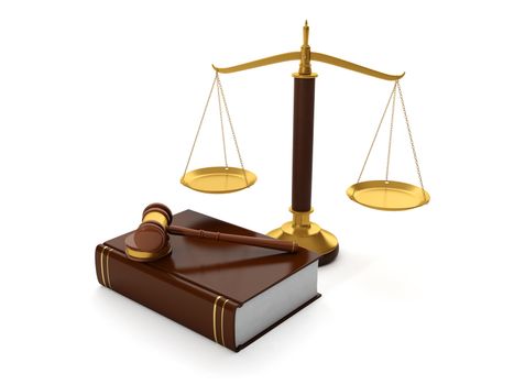3d illustration: Legal aid. trial balance and the hammer of the law book of symbols