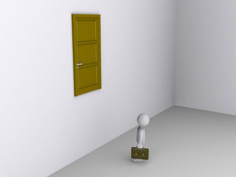 3d businessman looks up at door high on the wall