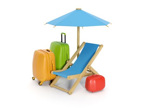3d illustration: A group of suitcases umbrella and chair. Celebrities at the time of its release