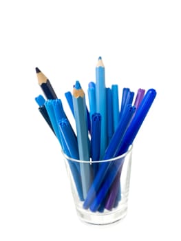 Glass of colored pencils isolated on white background