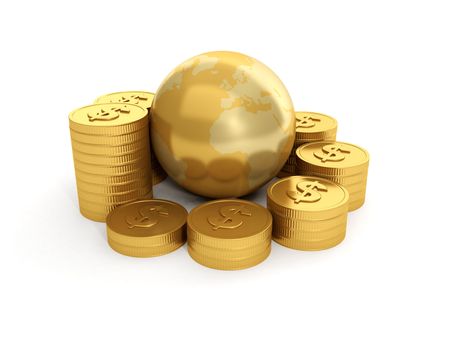 3d illustration: Land and a group of gold coins on a white background