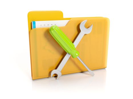 3d illustration: Big yellow folder with a screwdriver and wrench