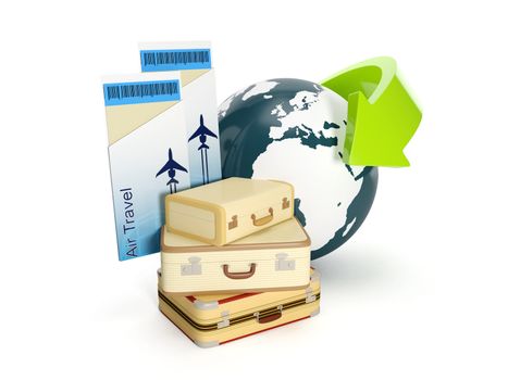 3d illustration: Travel holiday. The suitcase and the earth with a plane ticket on a white background