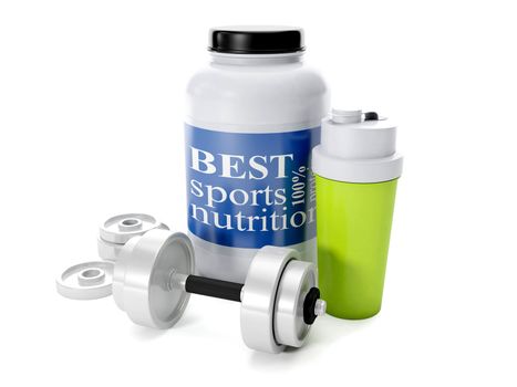 3d illustration: Dumbbells, shaker, sports nutrition, on a white background