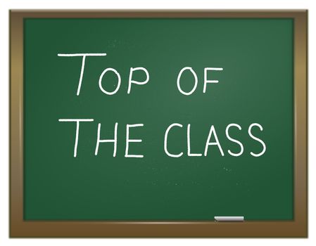 Illustration depicting a green chalk board with the words 'top of the class' written on it in white chalk.
