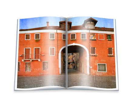 An opened  book with a picture Old Venetian yard, Italy.Photo in old color image style.